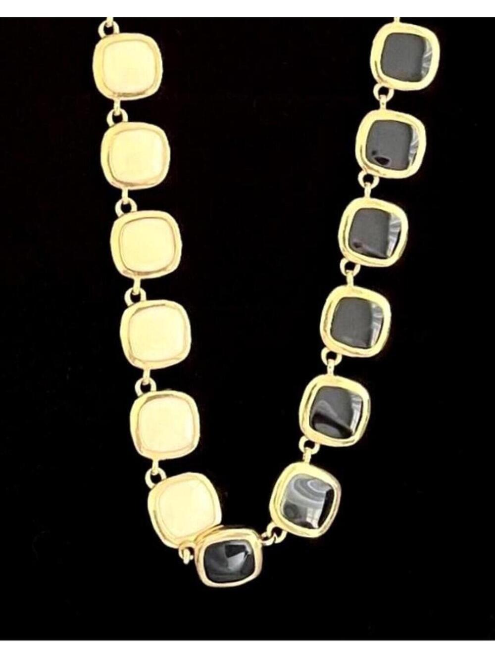 Gold Tone w/ Black & Cream Square Link Necklace